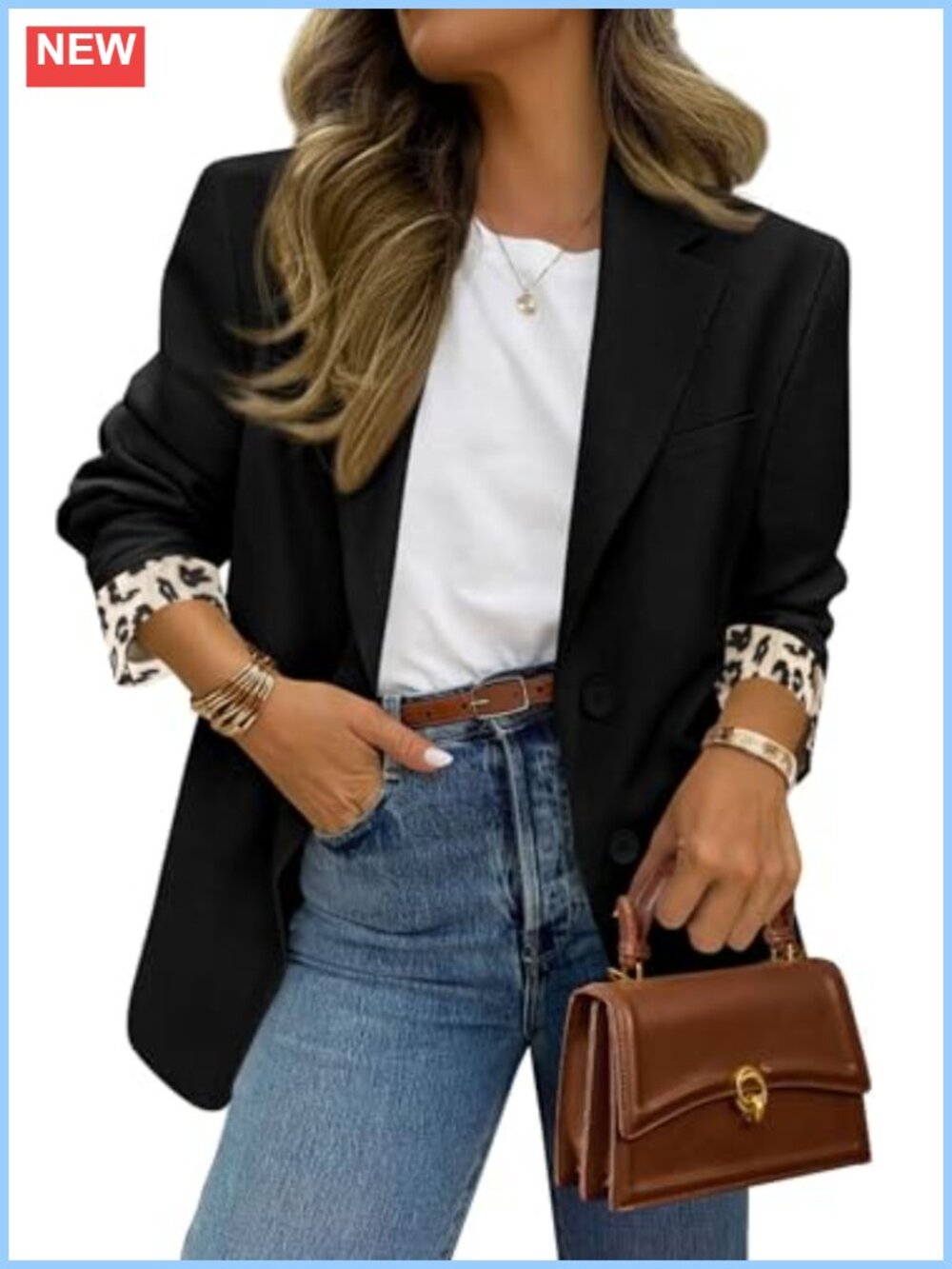 Open Front Leopard Blazer Suit Jacket Women Long Sleeve Notch Lapel With Pockets
